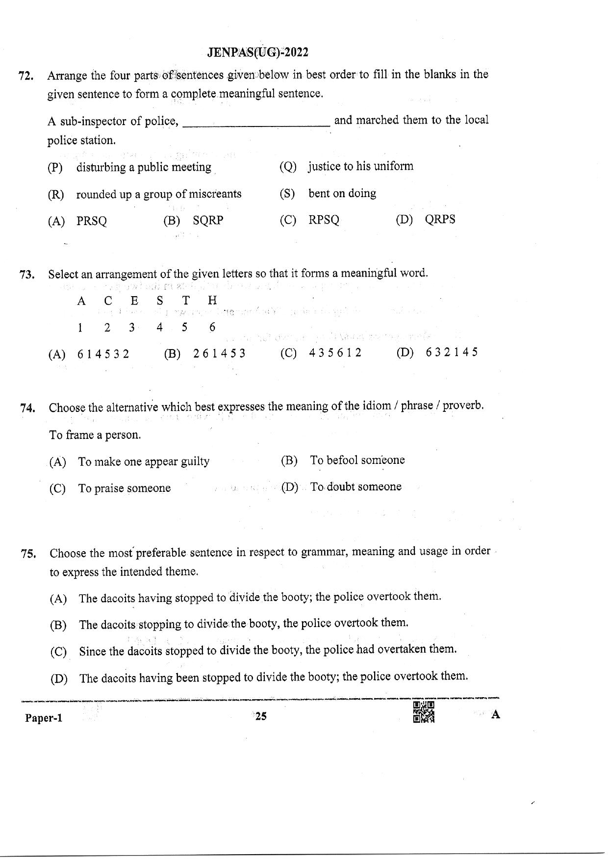 JENPAS (UG) 2022 Paper I (For all Courses Except BHA) Question Paper - Page 24