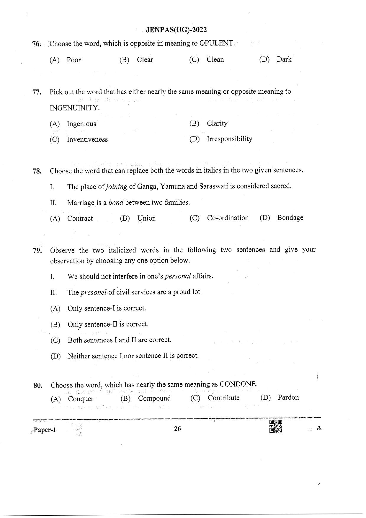 JENPAS (UG) 2022 Paper I (For all Courses Except BHA) Question Paper - Page 25