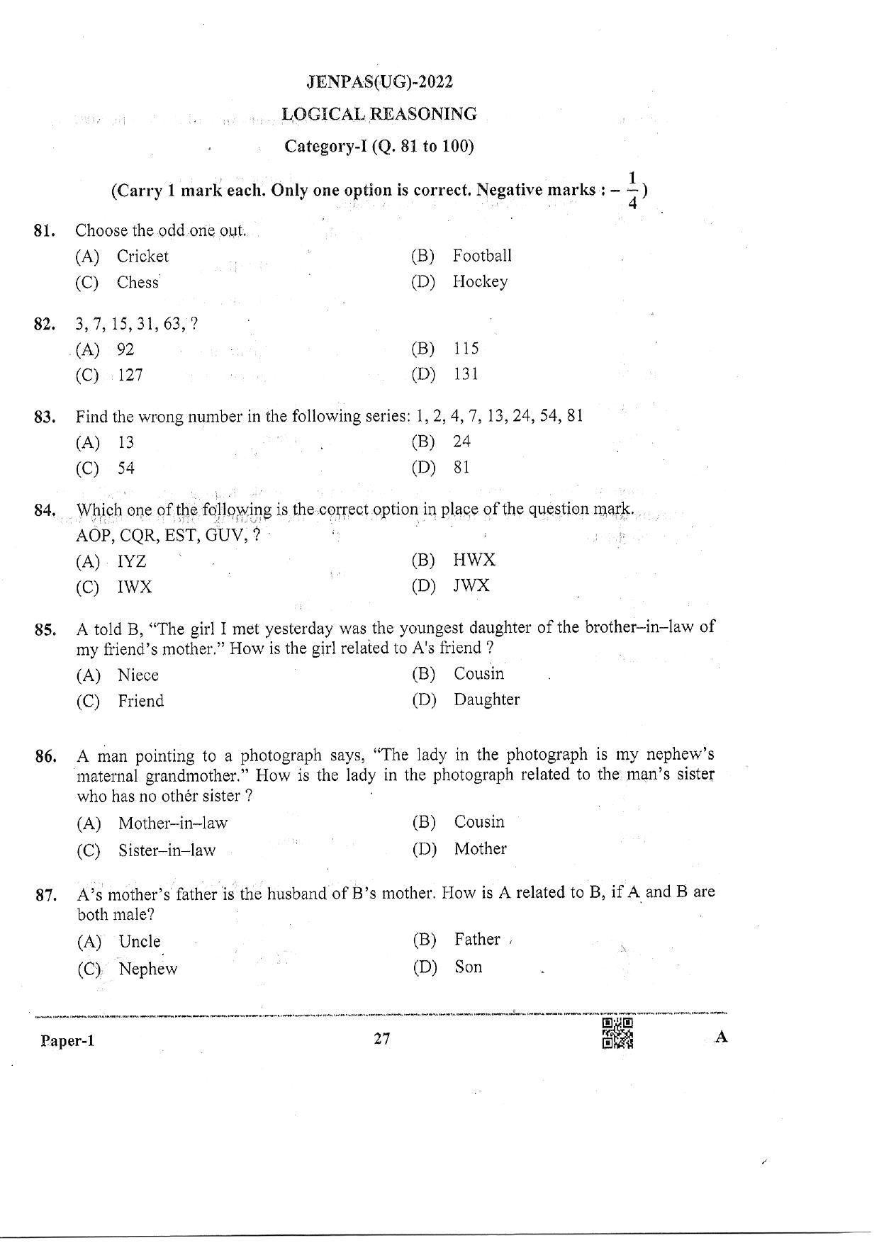 JENPAS (UG) 2022 Paper I (For all Courses Except BHA) Question Paper - Page 26