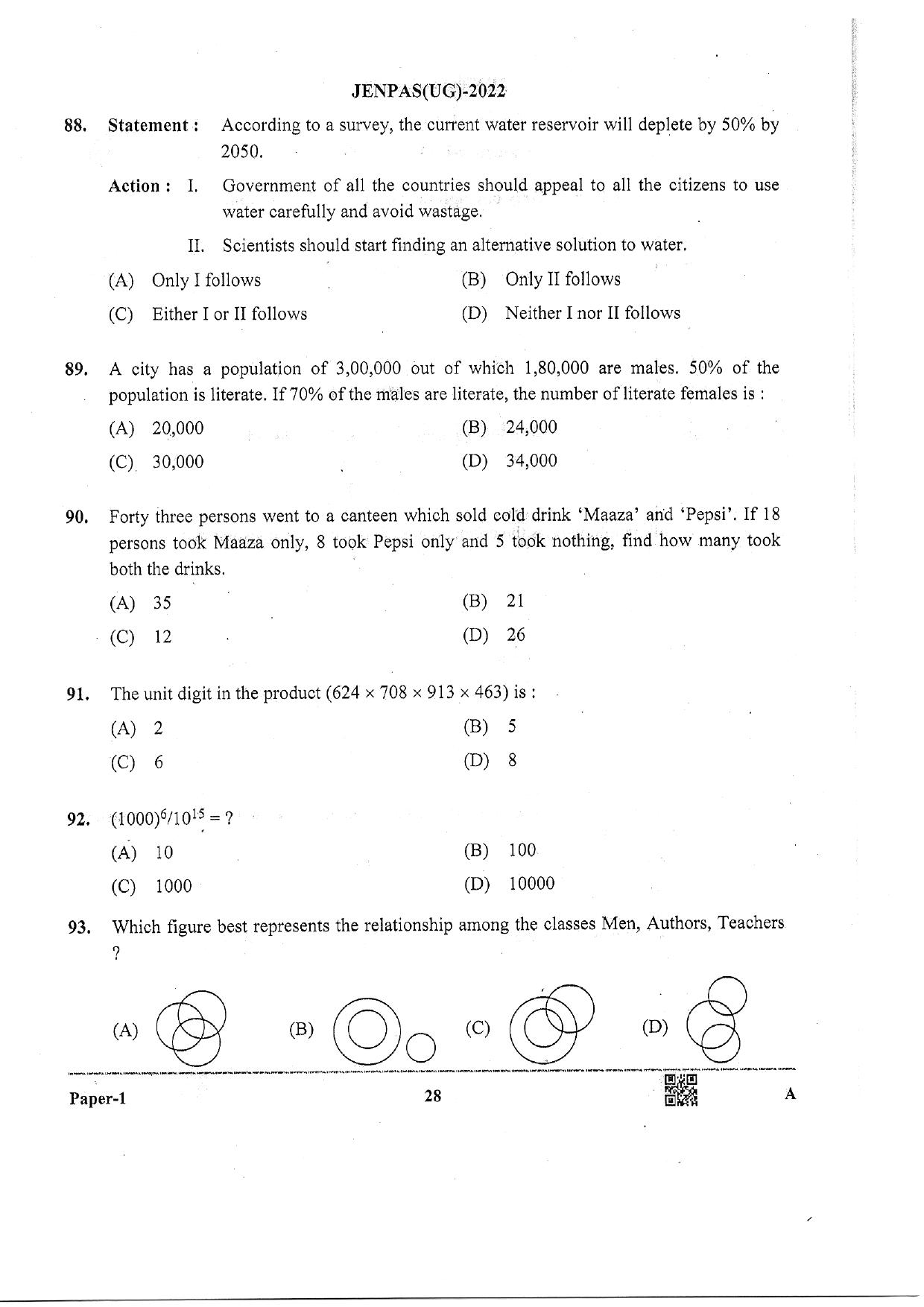 JENPAS (UG) 2022 Paper I (For all Courses Except BHA) Question Paper - Page 27