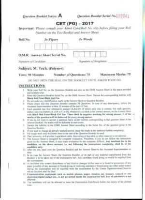 PU CET UG 2017 M.Tech.(Polymer) Question Paper
