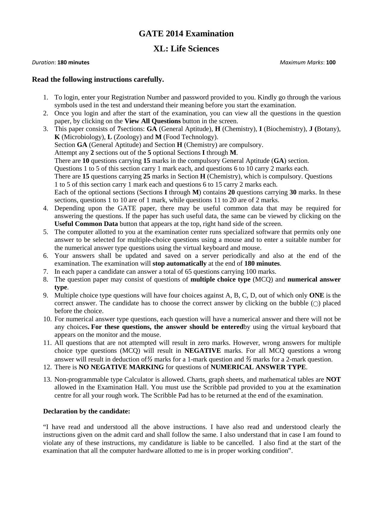 GATE 2014 Life Sciences (XL) Question Paper with Answer Key - Page 4