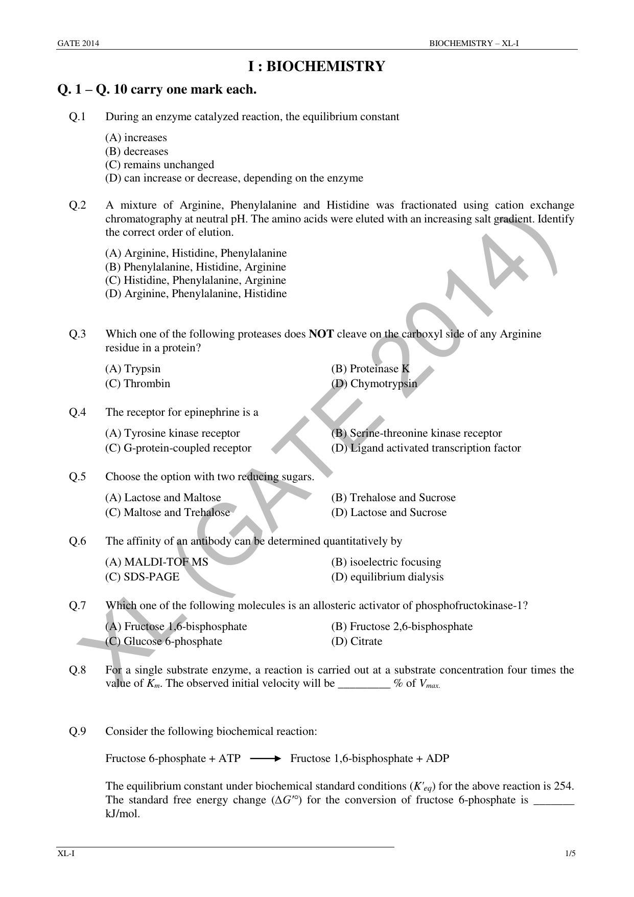 GATE 2014 Life Sciences (XL) Question Paper with Answer Key - Page 10