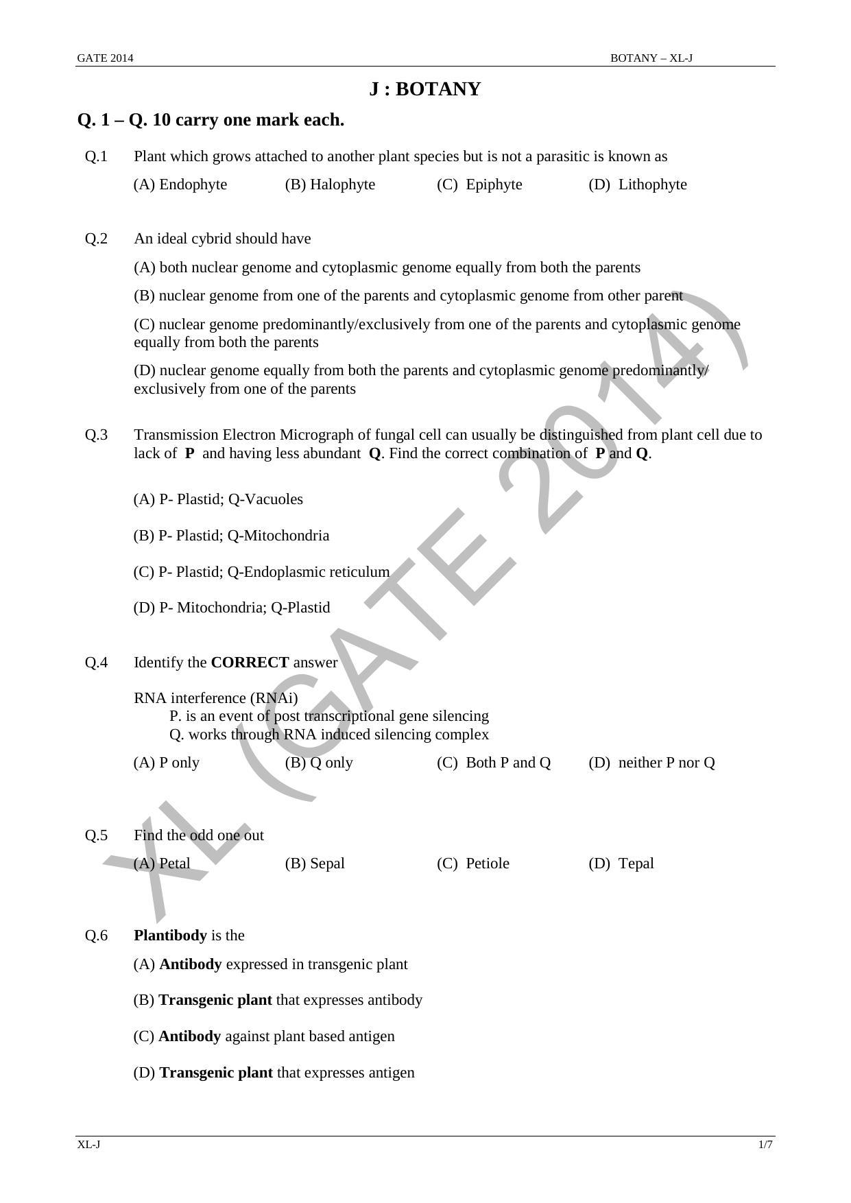 GATE 2014 Life Sciences (XL) Question Paper with Answer Key - Page 15