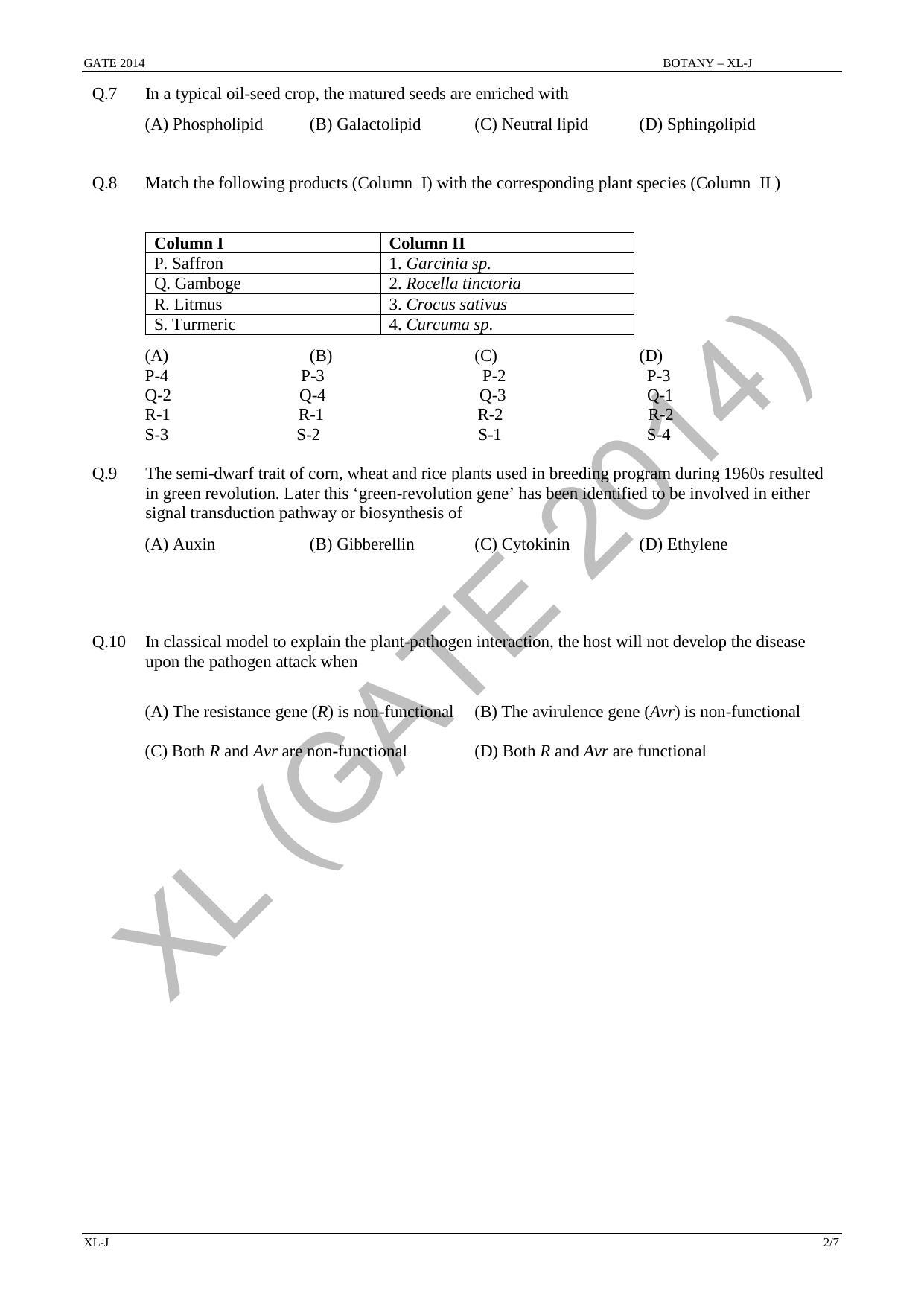 GATE 2014 Life Sciences (XL) Question Paper with Answer Key - Page 16