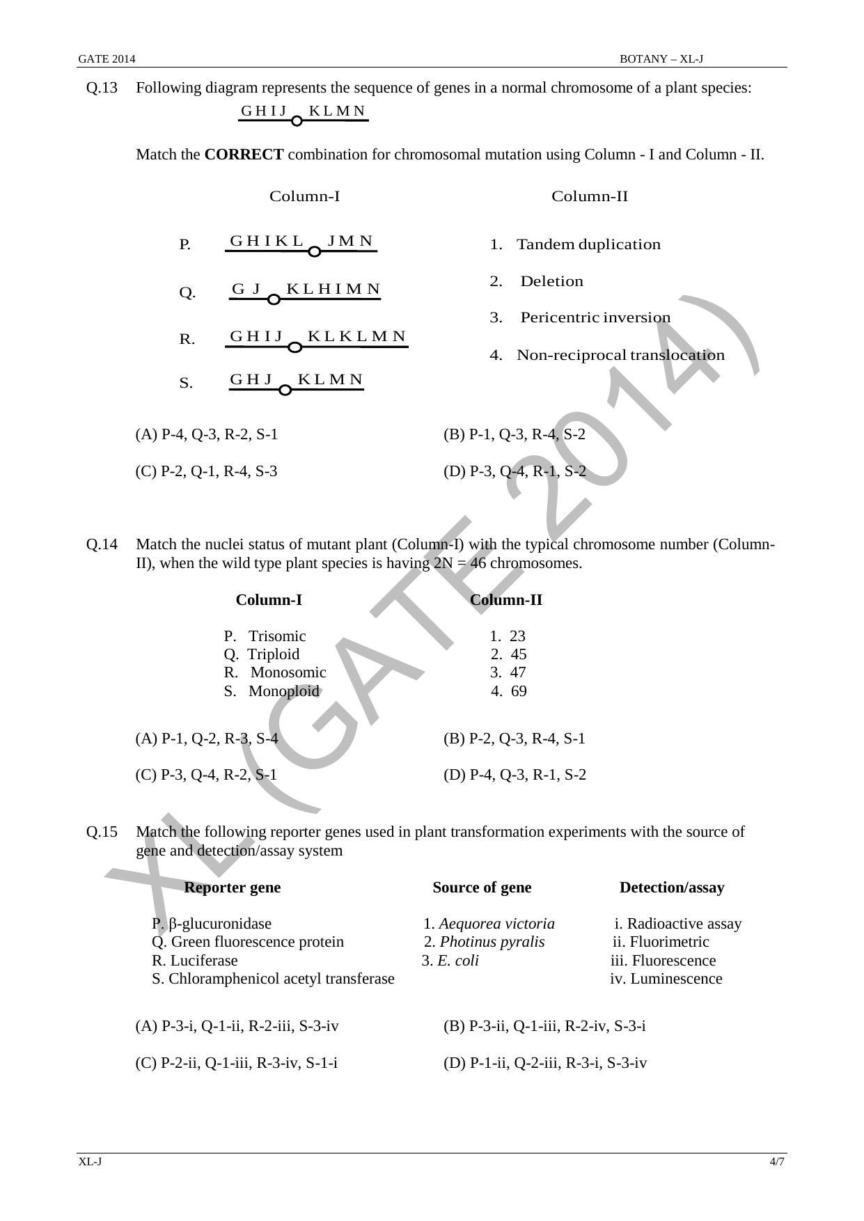 GATE 2014 Life Sciences (XL) Question Paper with Answer Key - Page 18