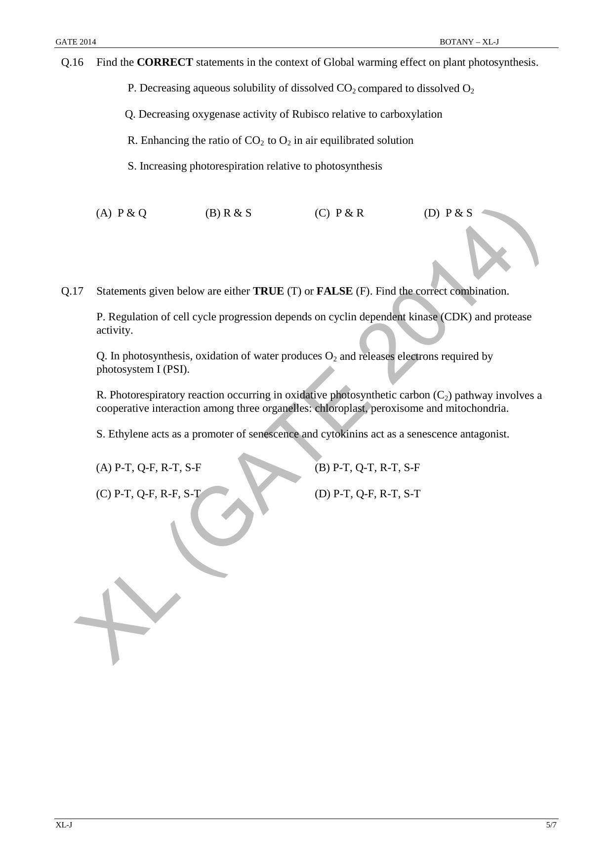 GATE 2014 Life Sciences (XL) Question Paper with Answer Key - Page 19