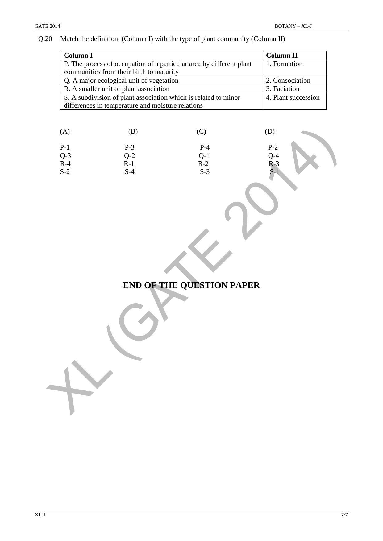 GATE 2014 Life Sciences (XL) Question Paper with Answer Key - Page 21