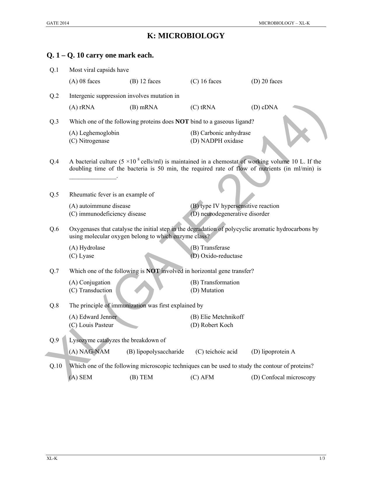 GATE 2014 Life Sciences (XL) Question Paper with Answer Key - Page 22