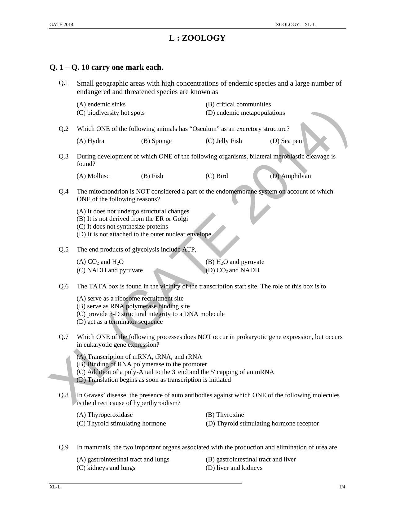 GATE 2014 Life Sciences (XL) Question Paper with Answer Key - Page 25