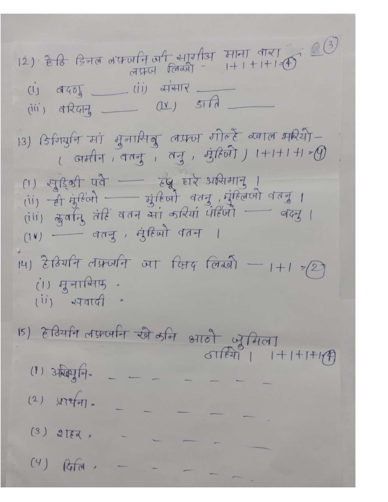 RBSE Class 8 2024 Sindhi Sample Paper - Page 3