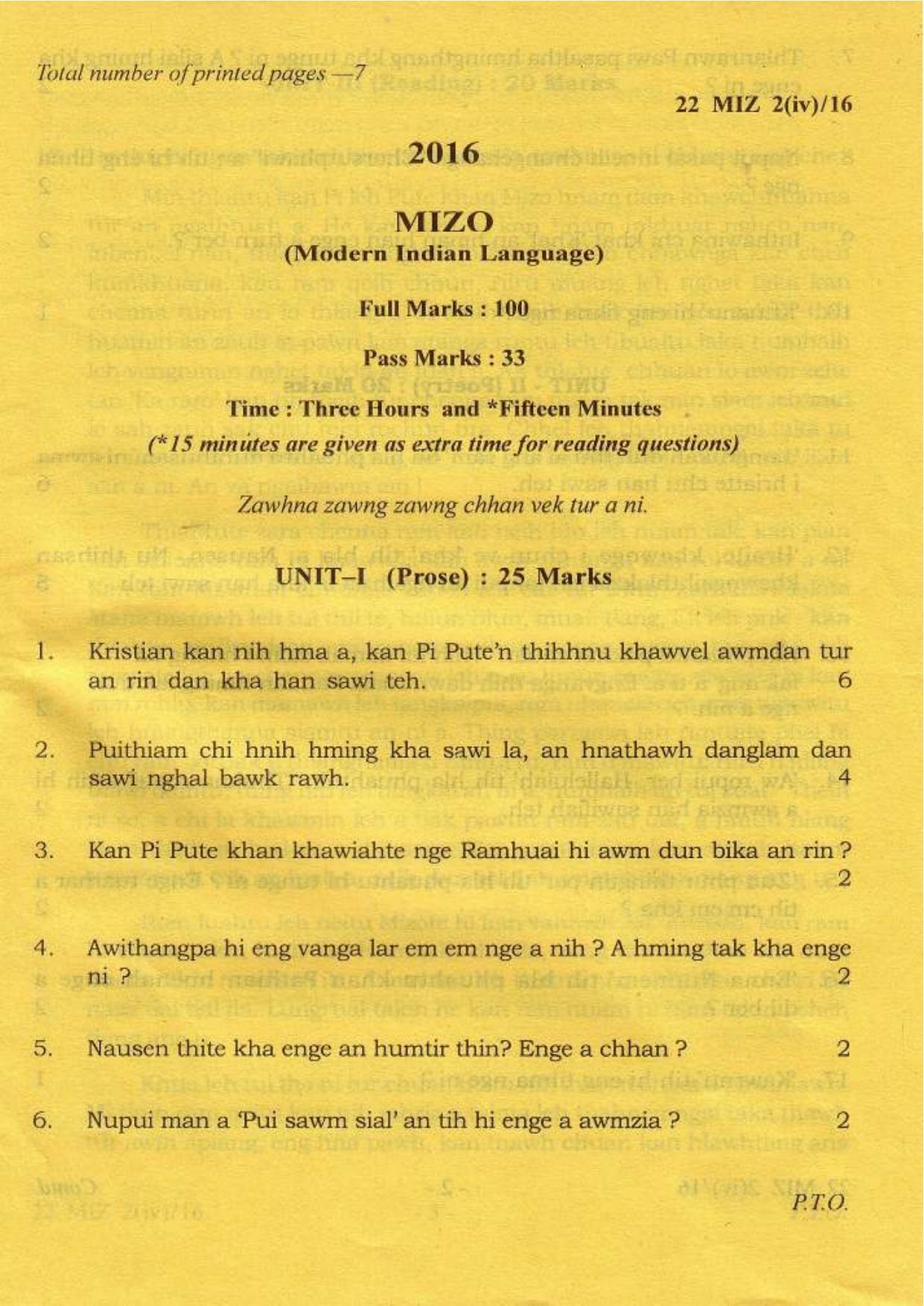 COHSEM Class 12 Mizo (M.I.L.) 2016 Question Papers - Page 1