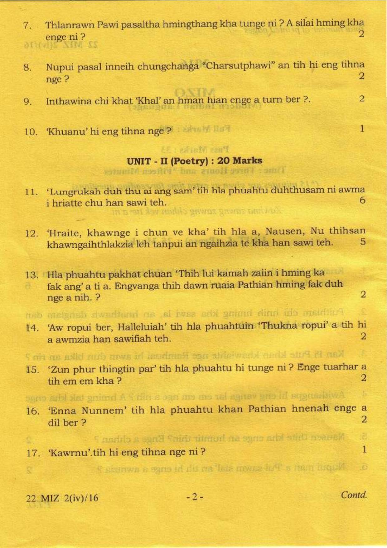 COHSEM Class 12 Mizo (M.I.L.) 2016 Question Papers - Page 2
