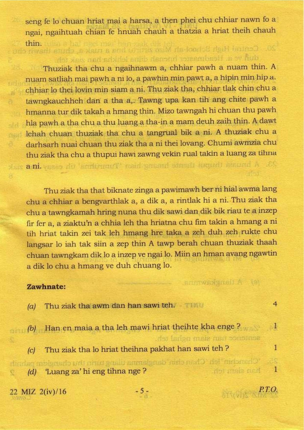COHSEM Class 12 Mizo (M.I.L.) 2016 Question Papers - Page 5