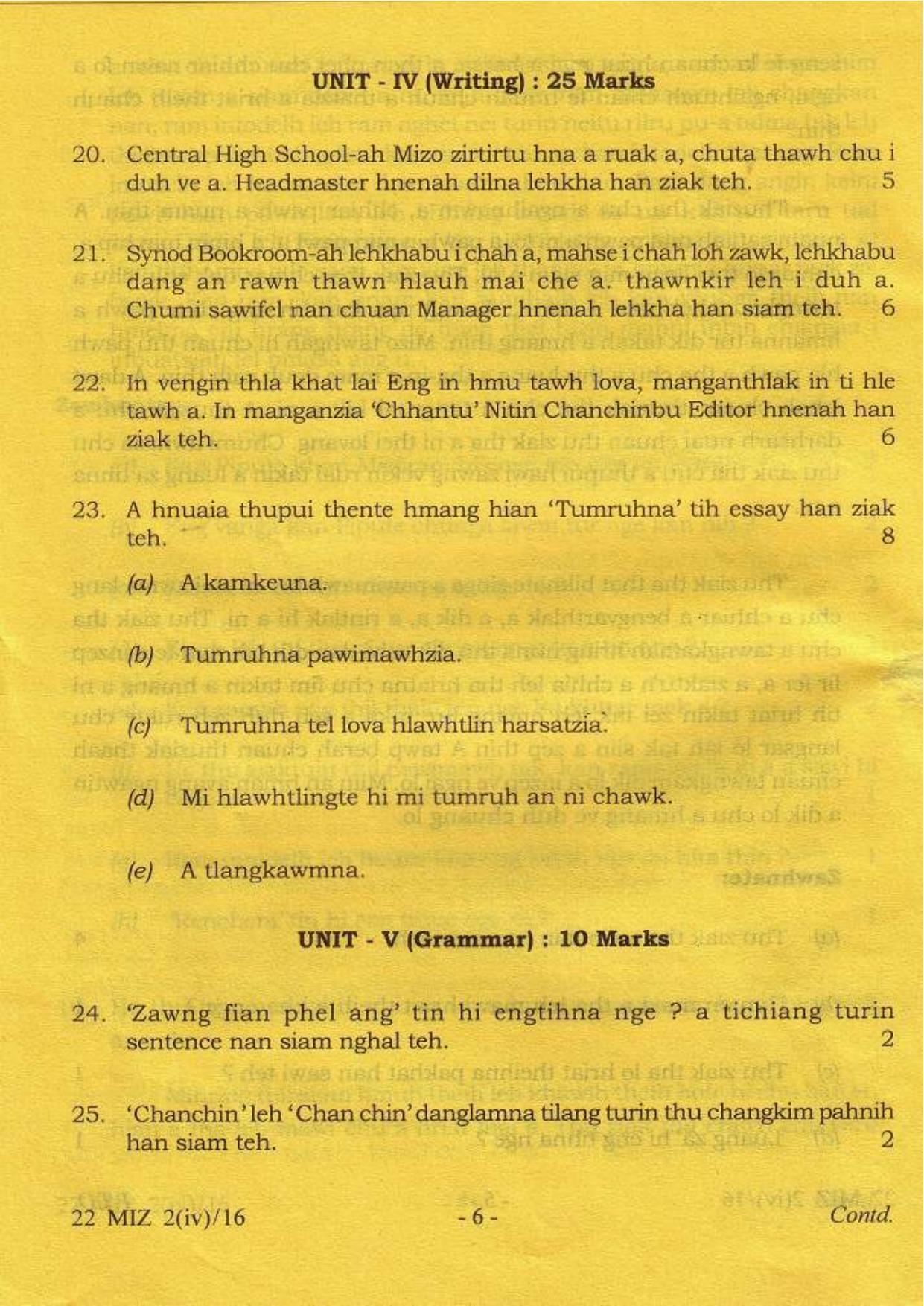 COHSEM Class 12 Mizo (M.I.L.) 2016 Question Papers - Page 6