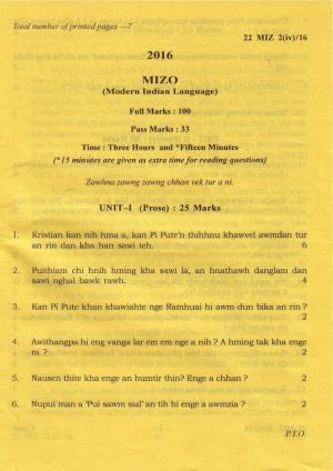 COHSEM Class 12 Mizo (M.I.L.) 2016 Question Papers