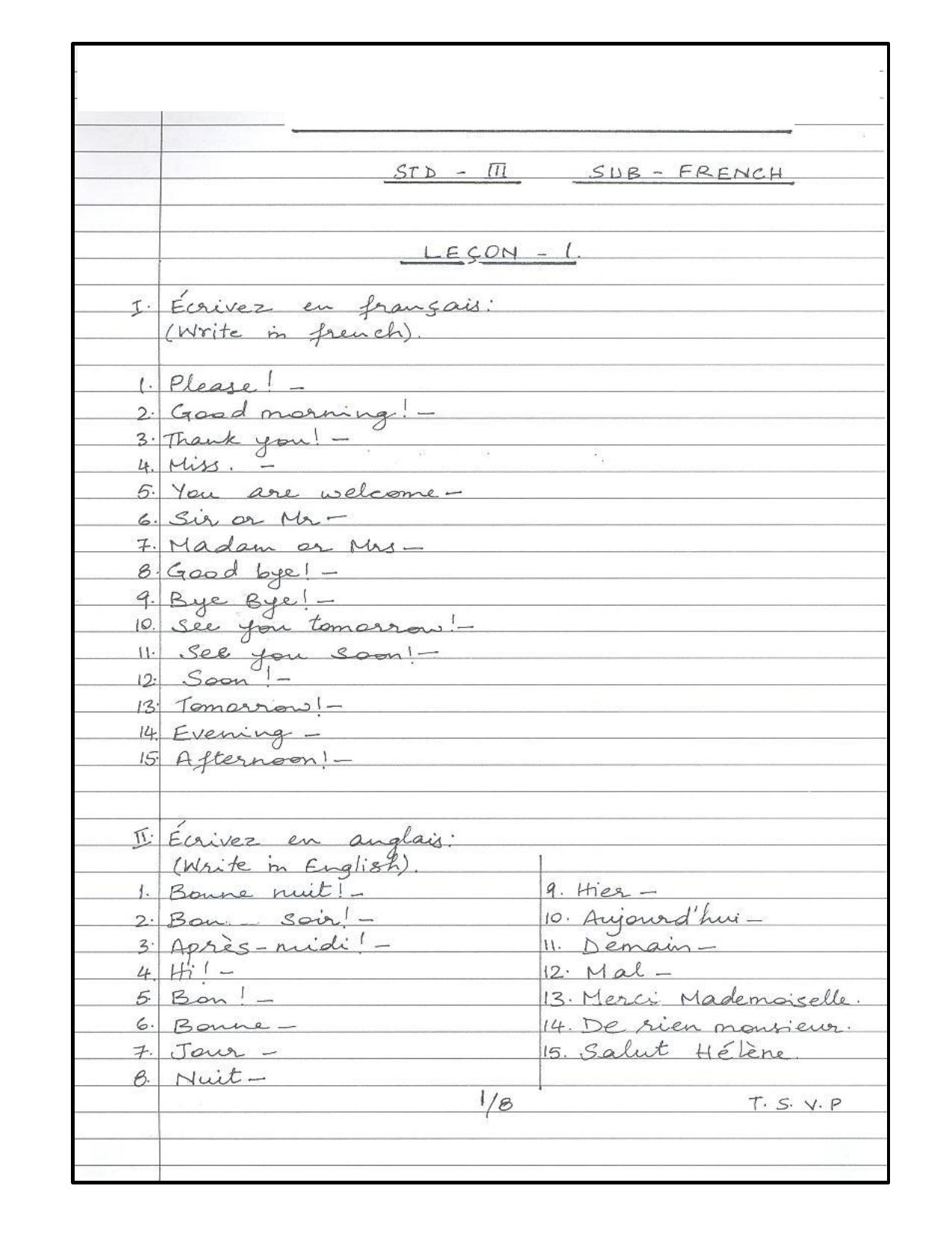 Worksheet for Class 3 French Assignment 3 - Page 1