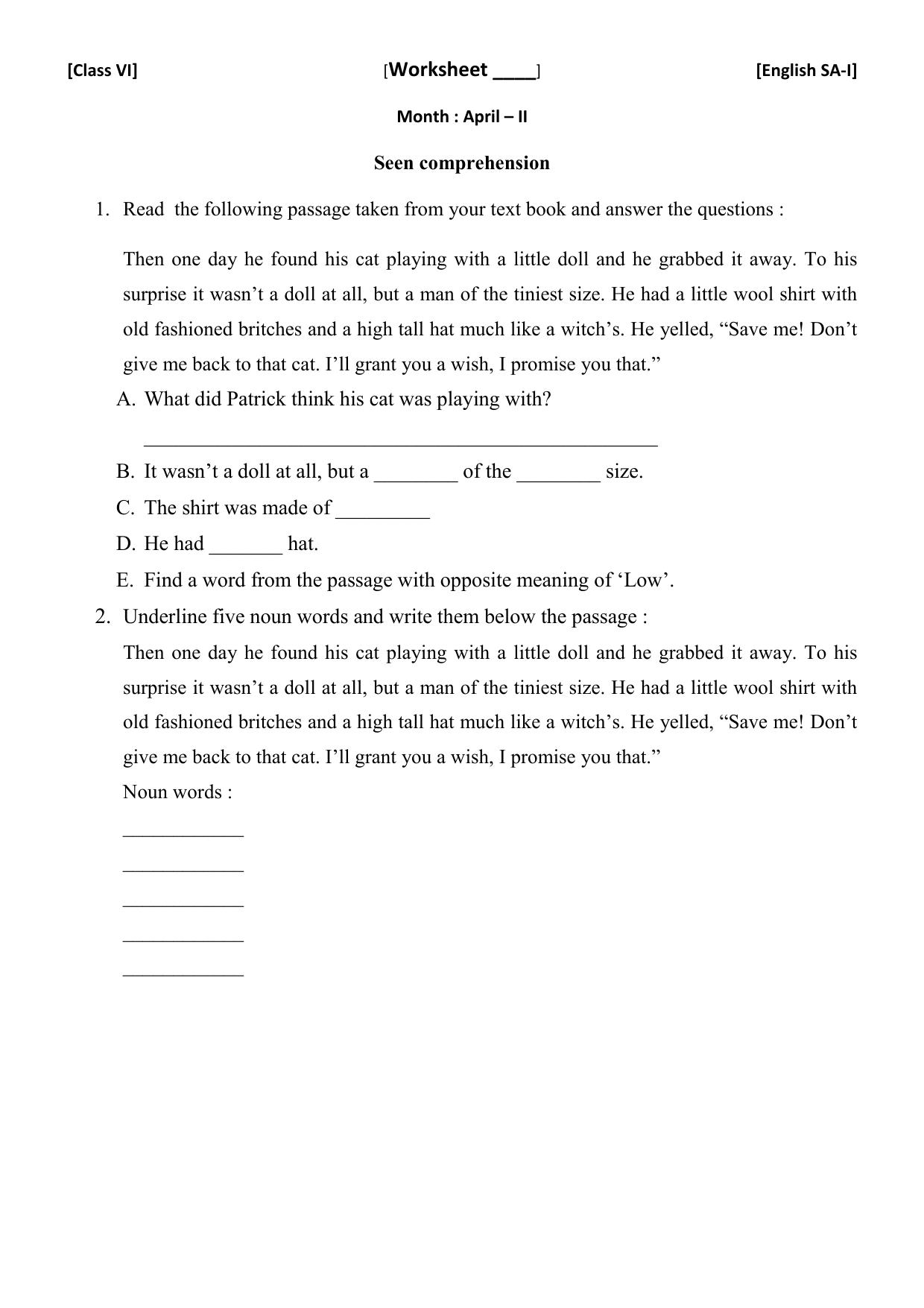 CBSE Worksheets for Class 6 English SA1 Practice Assignment 10 - Page 1