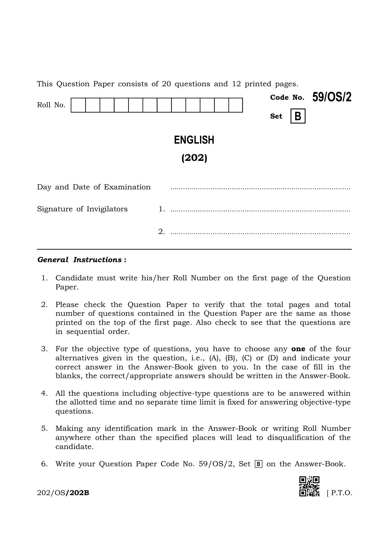 NIOS October 2019 Class 10 English (SET B) Question Paper - Page 1