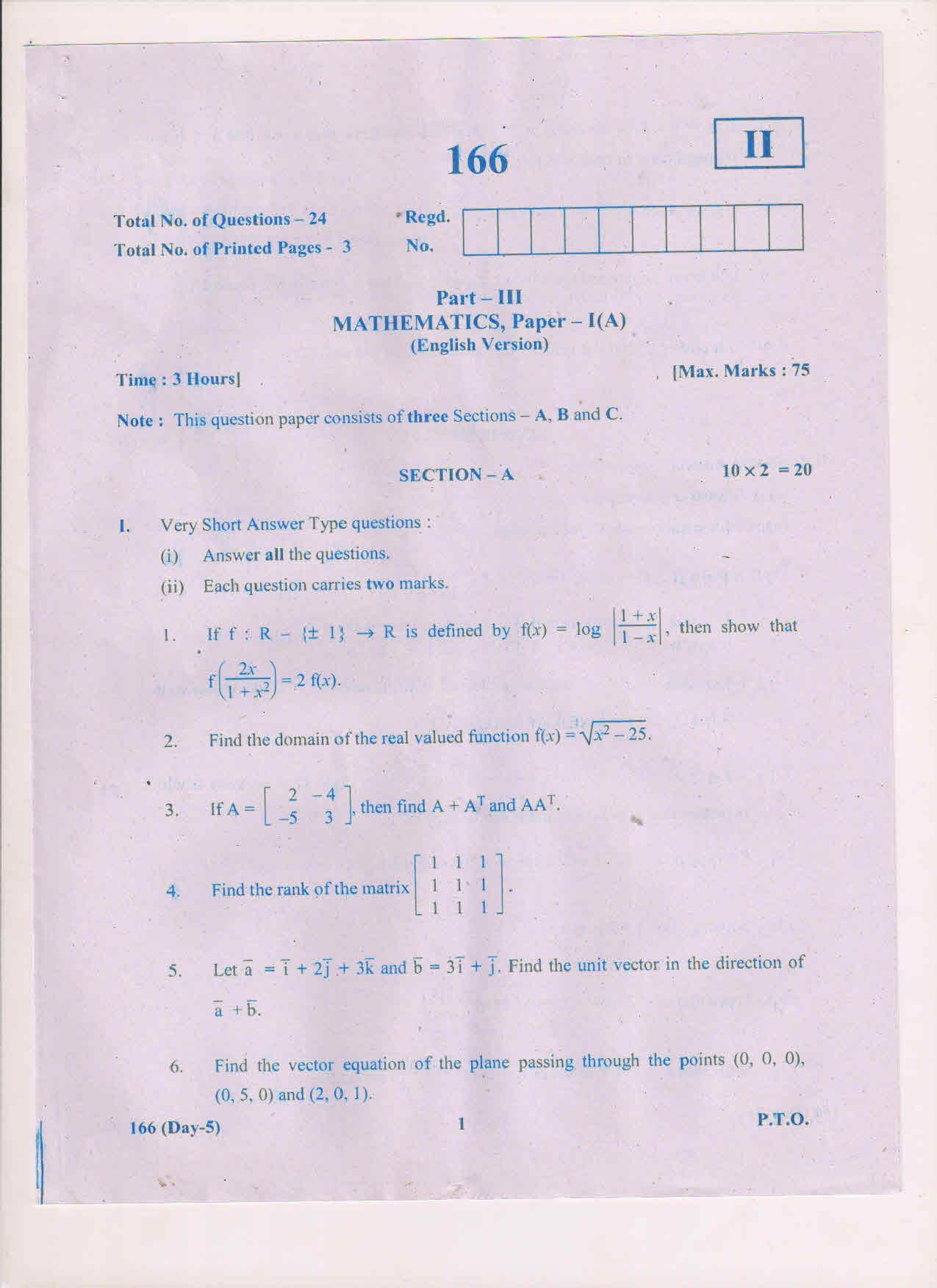 AP Inter 1st Year Mathematics-IA (EM) May-2018 (General) Question Paper - Page 1