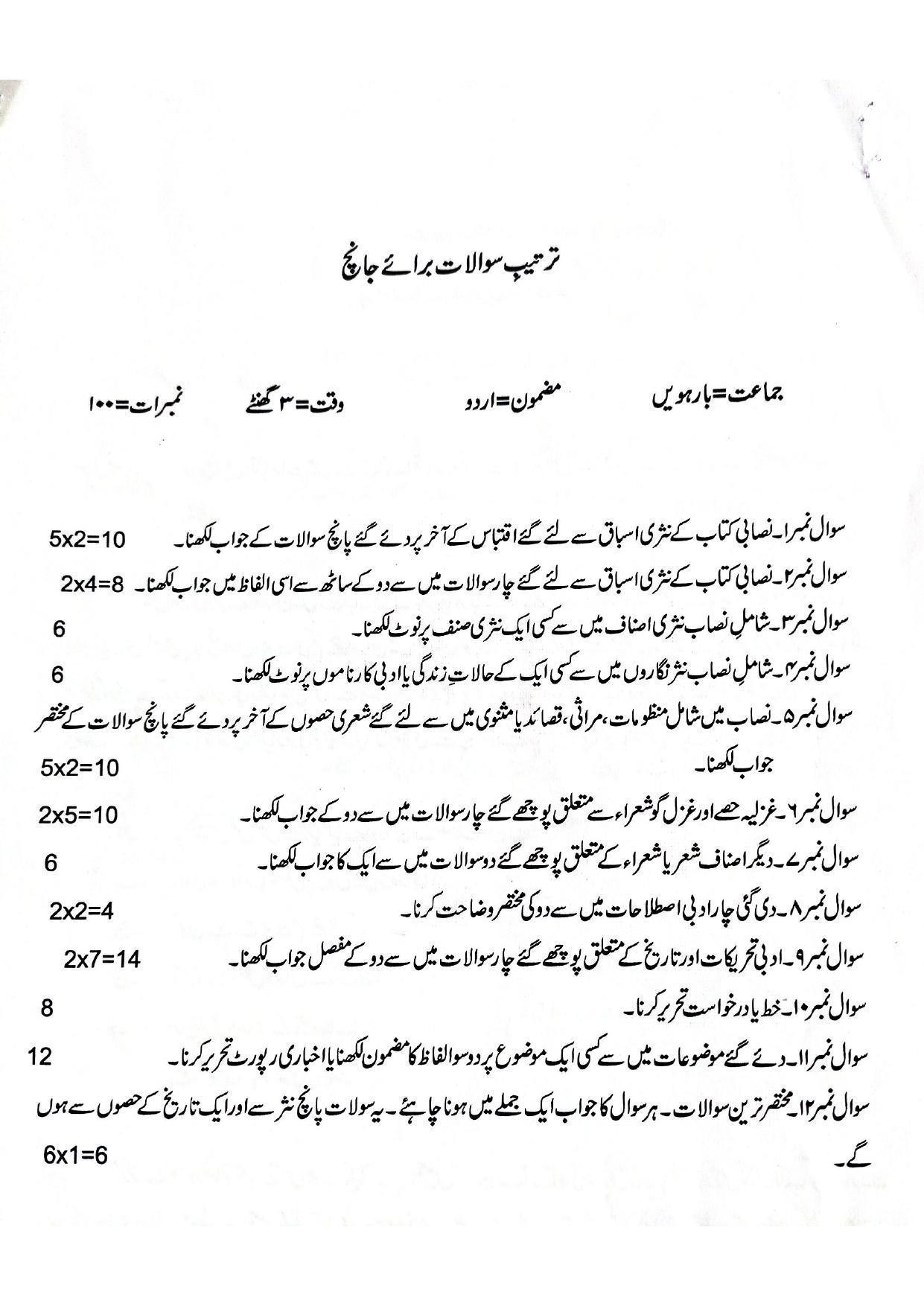 JKBOSE Class 12 Urdu Model Question Paper 2023 - Page 1
