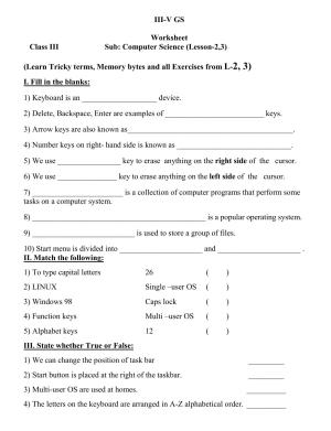 Worksheet for Class 3 Computers Assignment 6 Tricky Terms