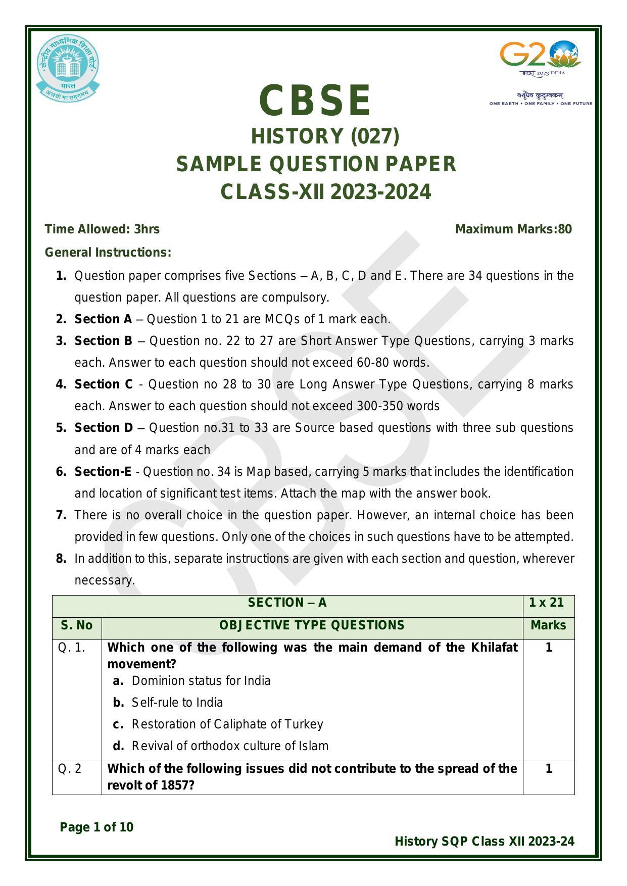 CBSE Class 12 History Sample Paper 2024 - Page 1