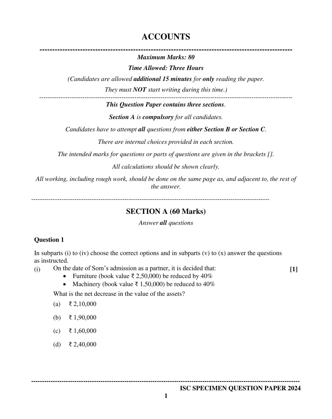 ISC Class 12 2024 Accounts Sample Paper - Page 1