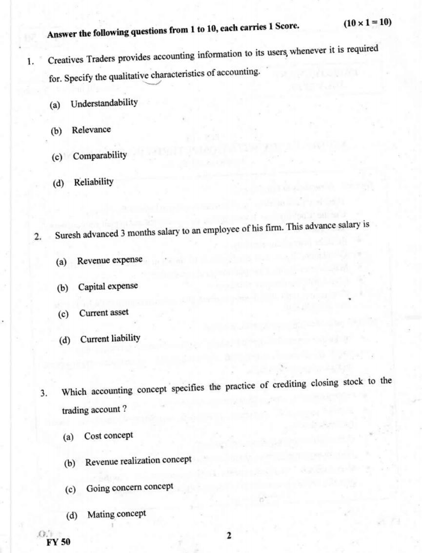 Kerala Plus One 2019 Accountancy with CA Question Paper - Page 2