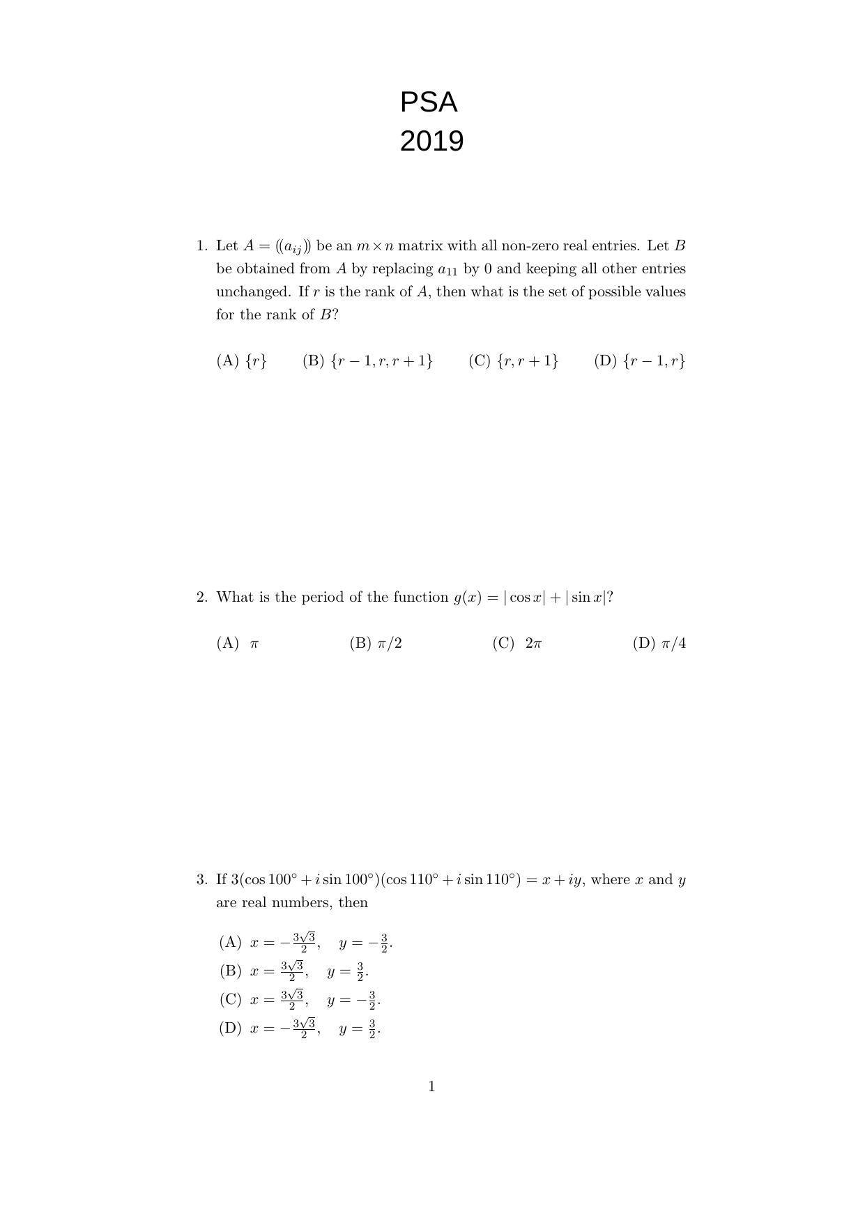 ISI Admission Test M.Stat.PSA 2019 Sample Paper - Page 1