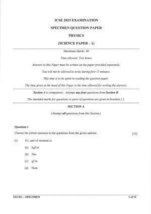 ICSE Class 10 Physics Sample Paper 2023