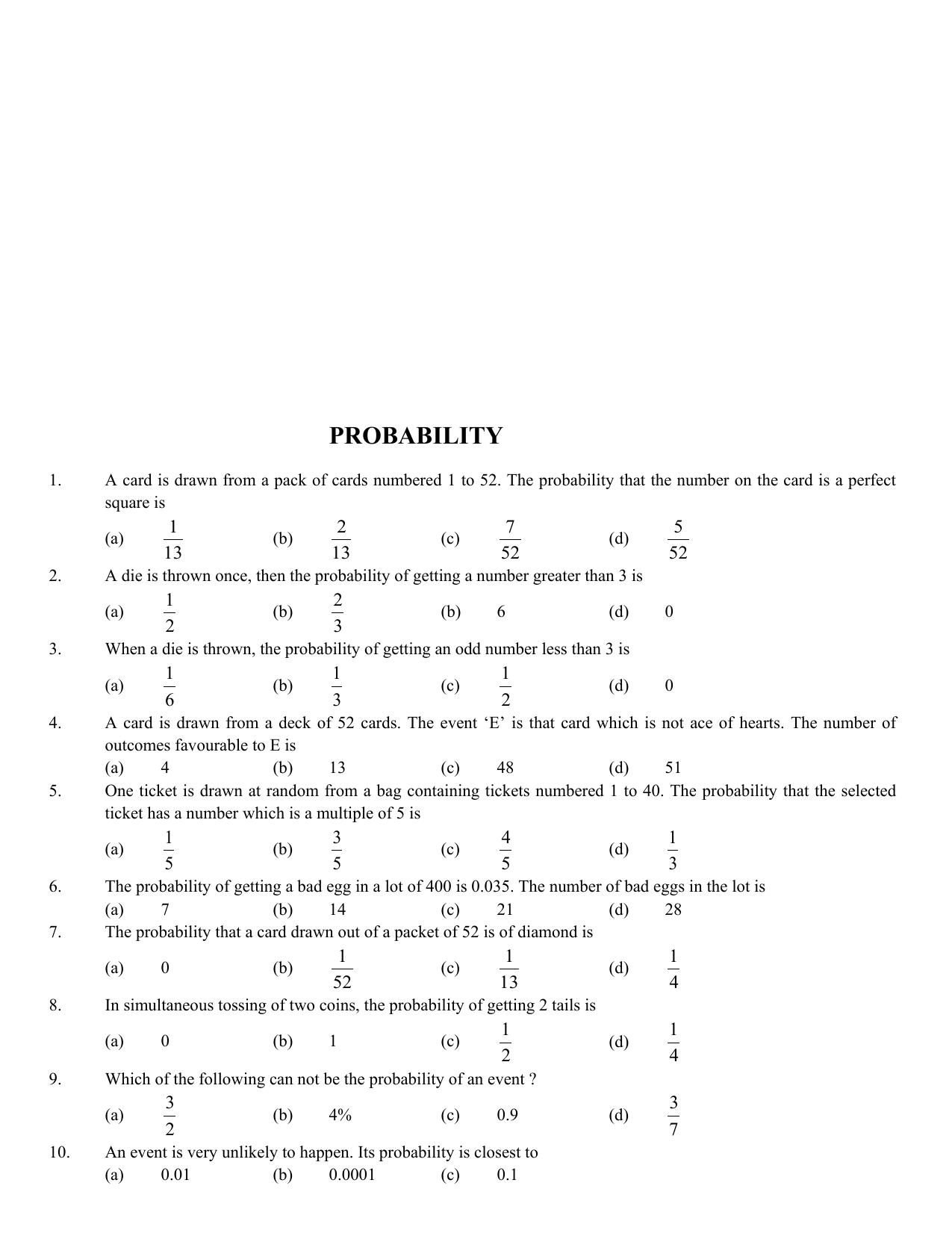 CBSE Worksheets for Class 10 Maths Probability Assignment 4 - Page 1