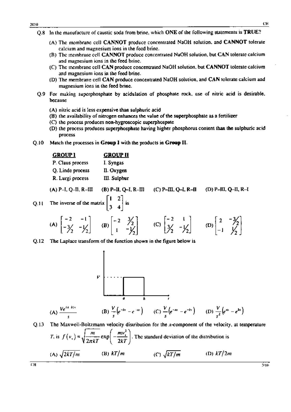 GATE 2010 Chemical Engineering (CH) Question Paper with Answer Key - Page 3