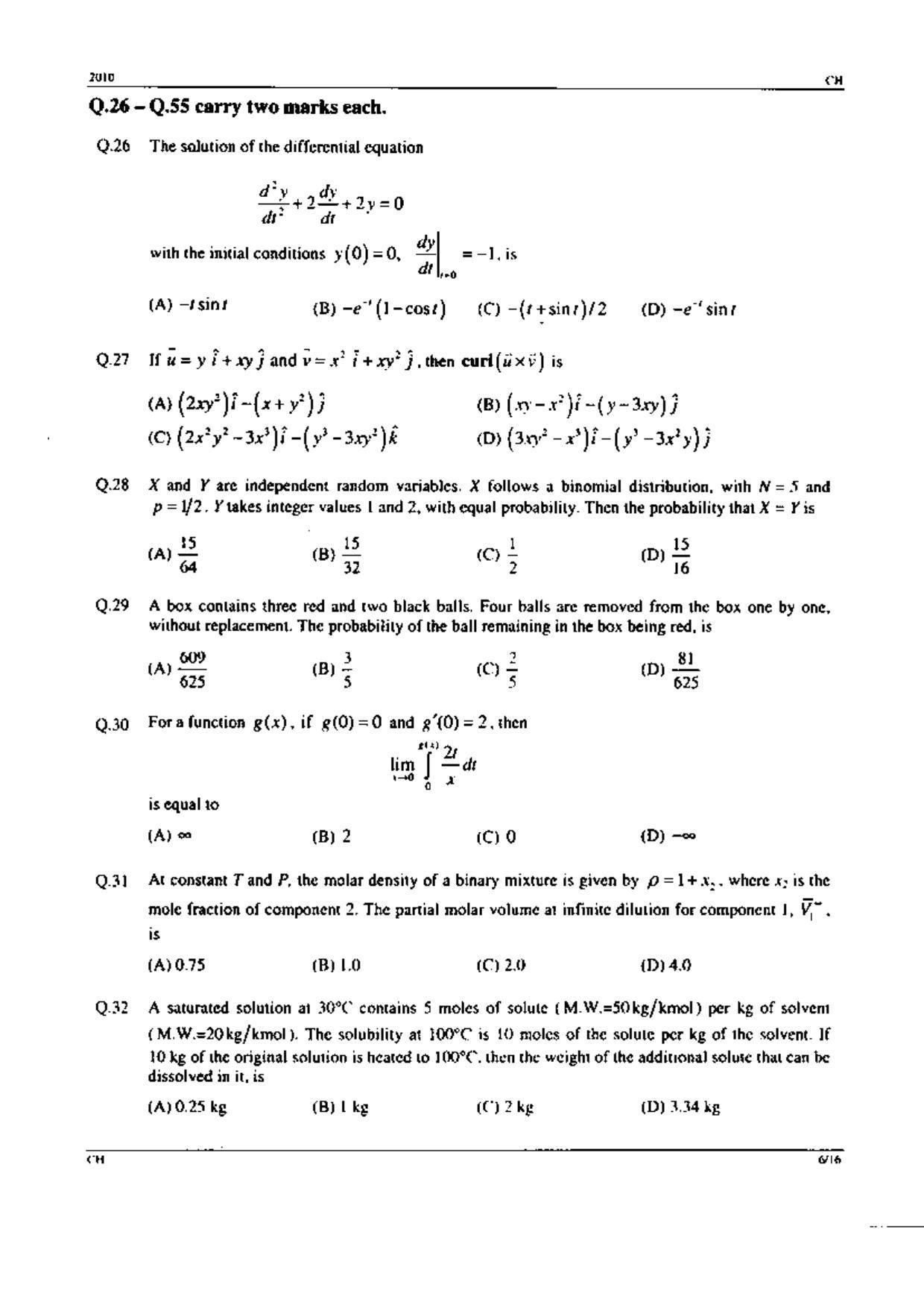 GATE 2010 Chemical Engineering (CH) Question Paper with Answer Key - Page 6