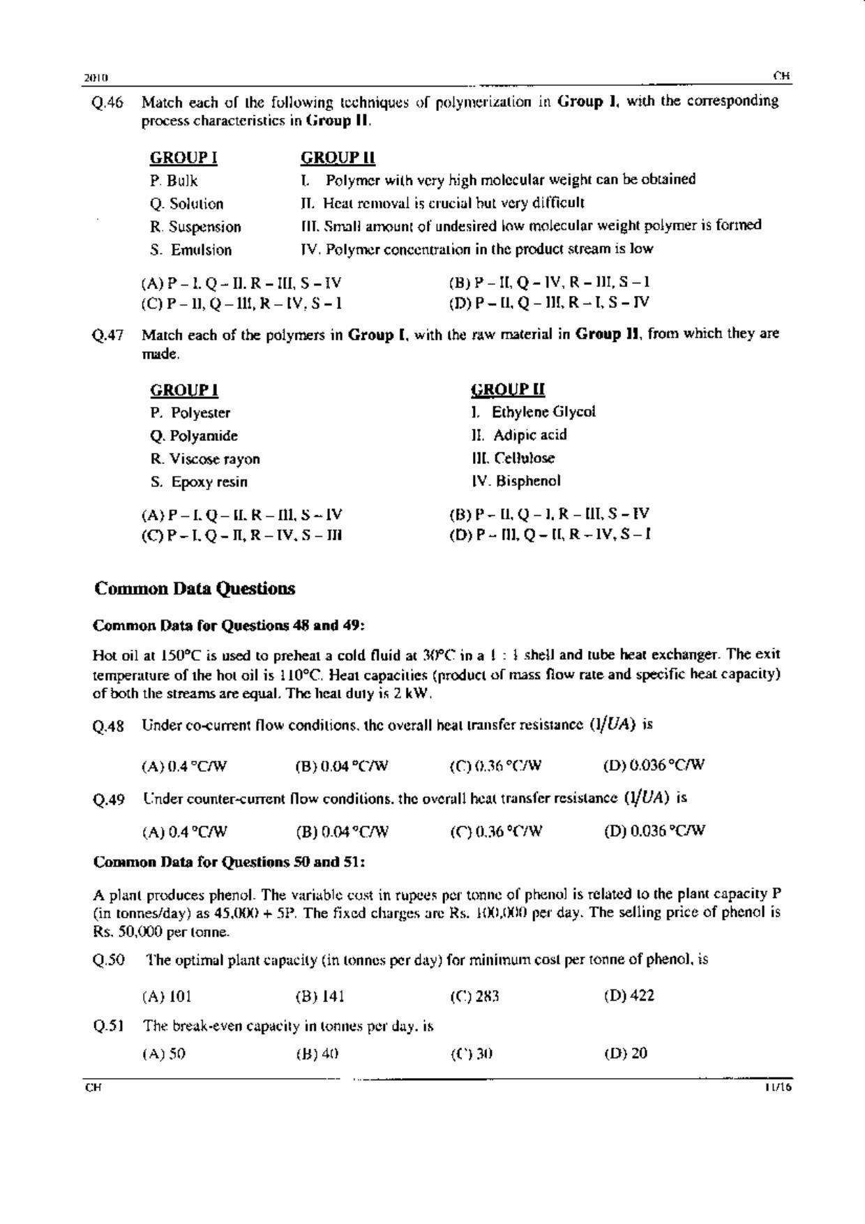 GATE 2010 Chemical Engineering (CH) Question Paper with Answer Key - Page 11