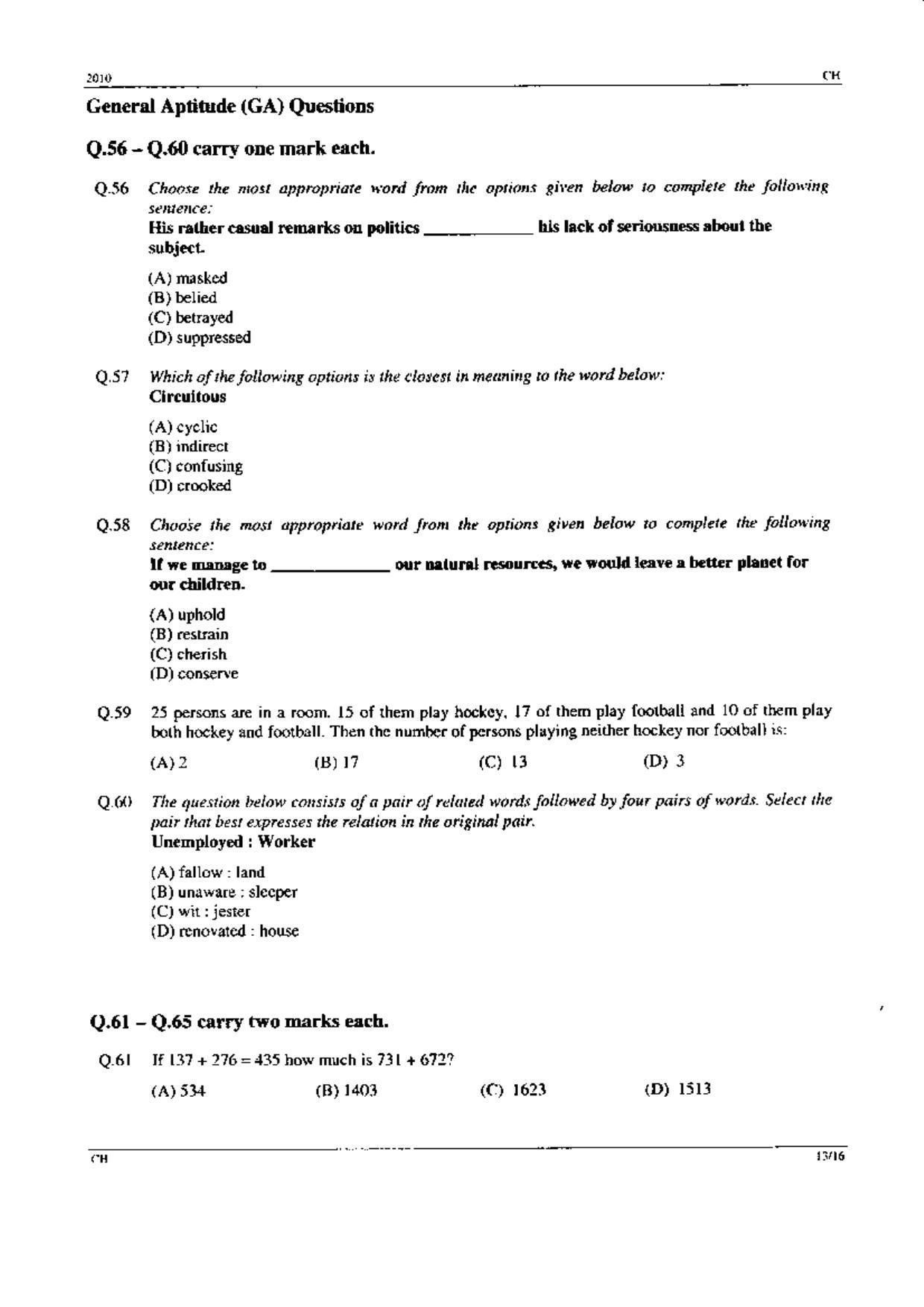 GATE 2010 Chemical Engineering (CH) Question Paper with Answer Key - Page 13