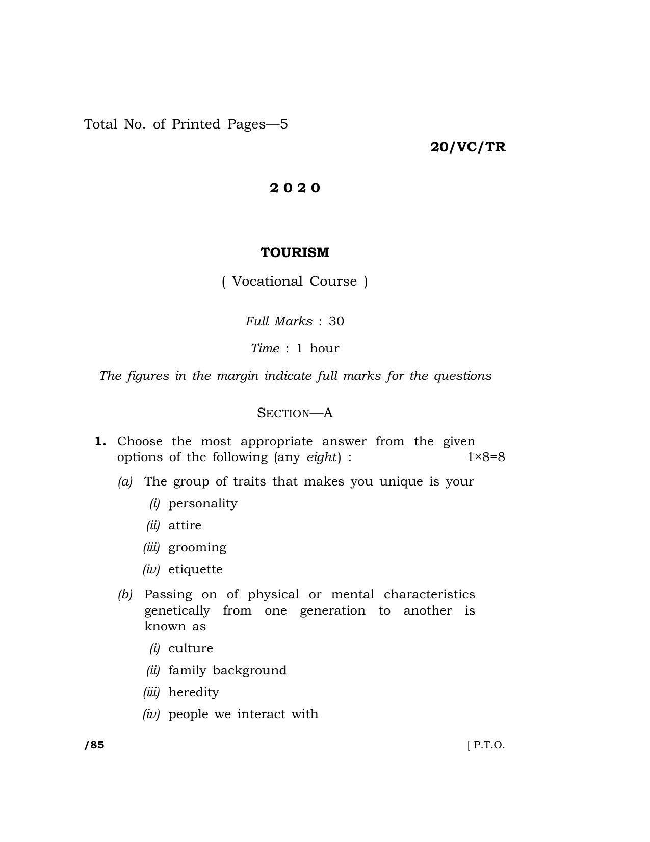 Meghalaya Board (MBOSE) Class 10 TOURISM ( Vocational Course ) 2020 Question Paper - Page 1