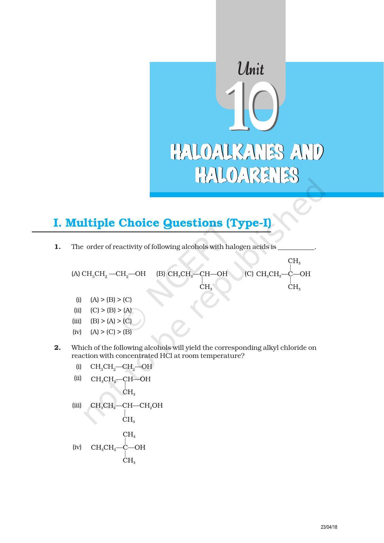 NCERT Exemplar Book for Class 12 Chemistry: Chapter 10 Haloalkanes and Haloarenes - Page 1