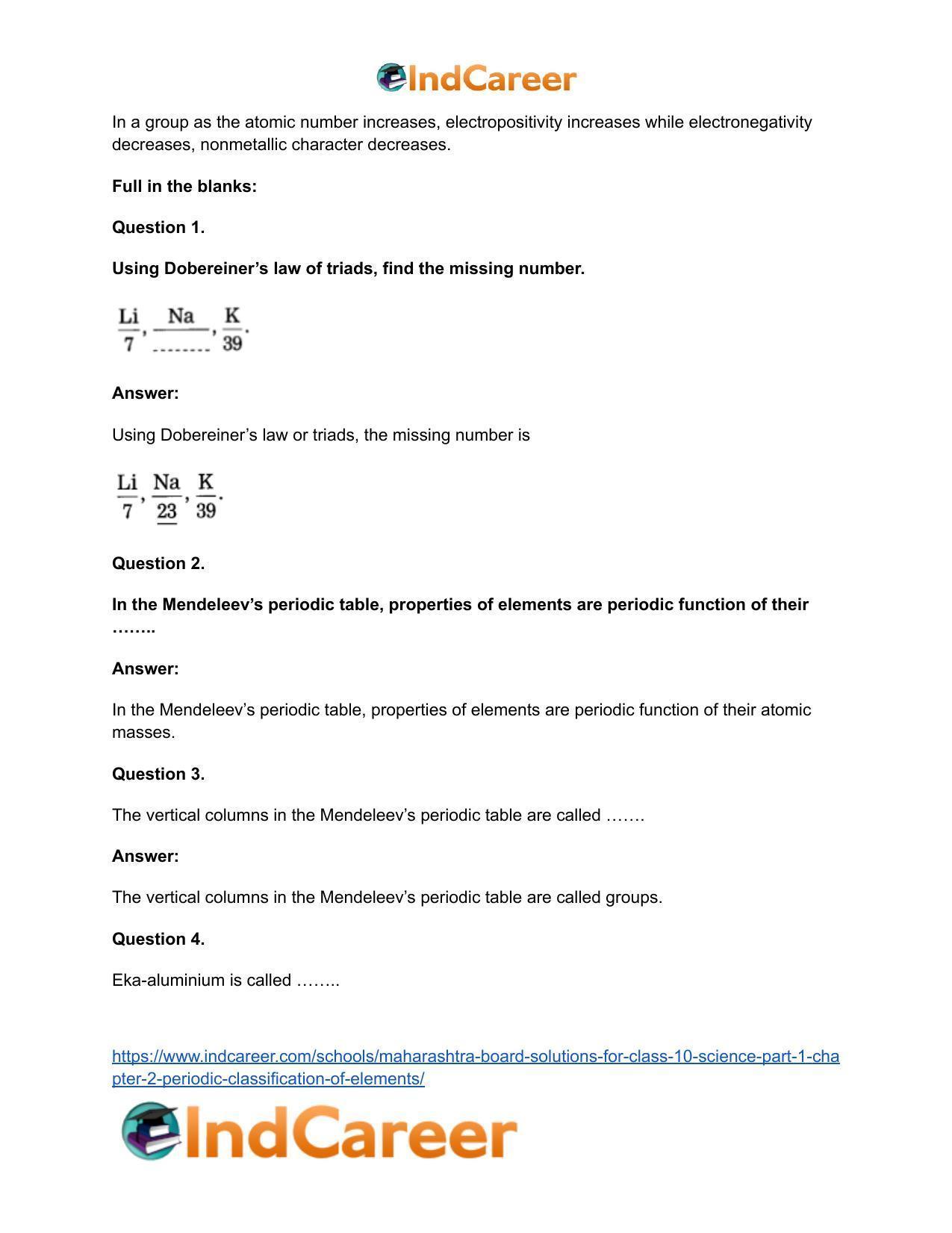 Maharashtra Board Solutions for Class 10- Science (Part 1): Chapter 2- Periodic Classification of Elements - Page 31
