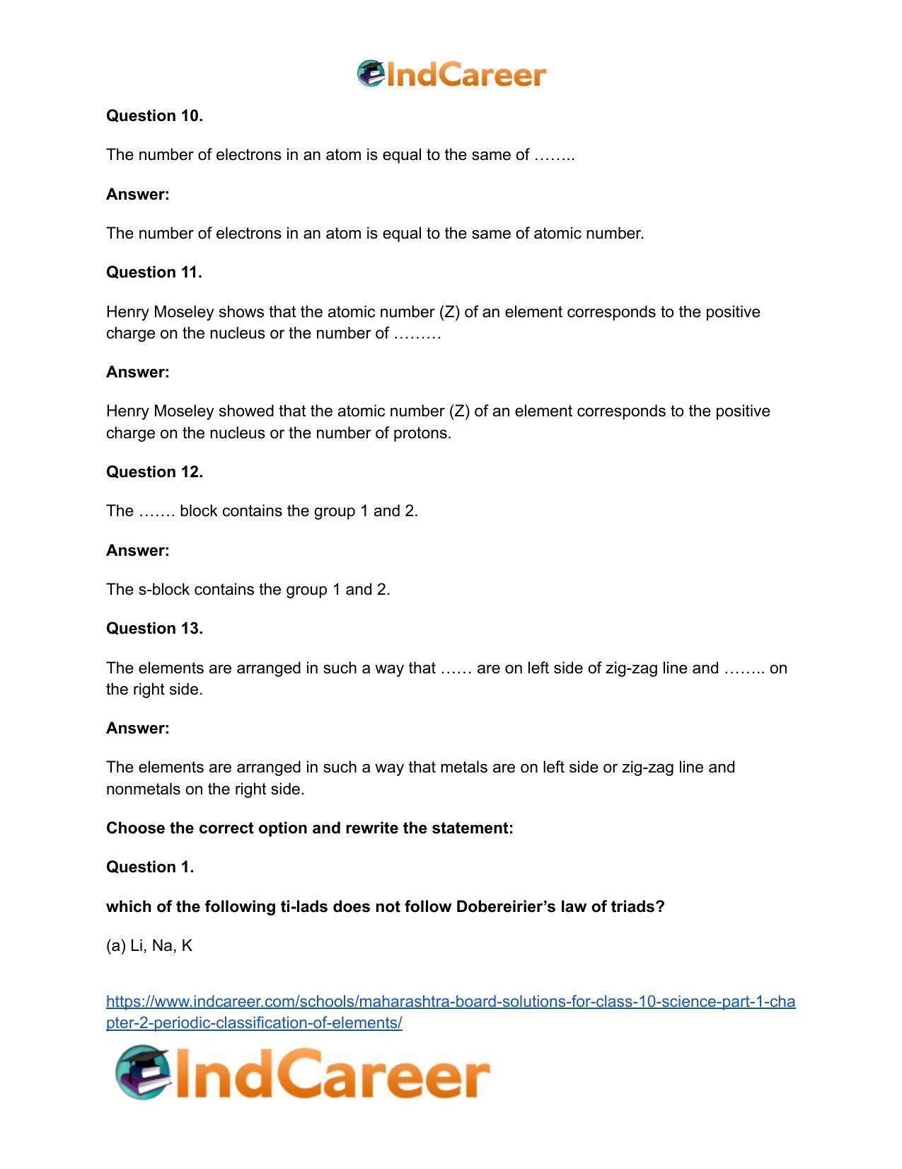 Maharashtra Board Solutions for Class 10- Science (Part 1): Chapter 2- Periodic Classification of Elements - Page 33