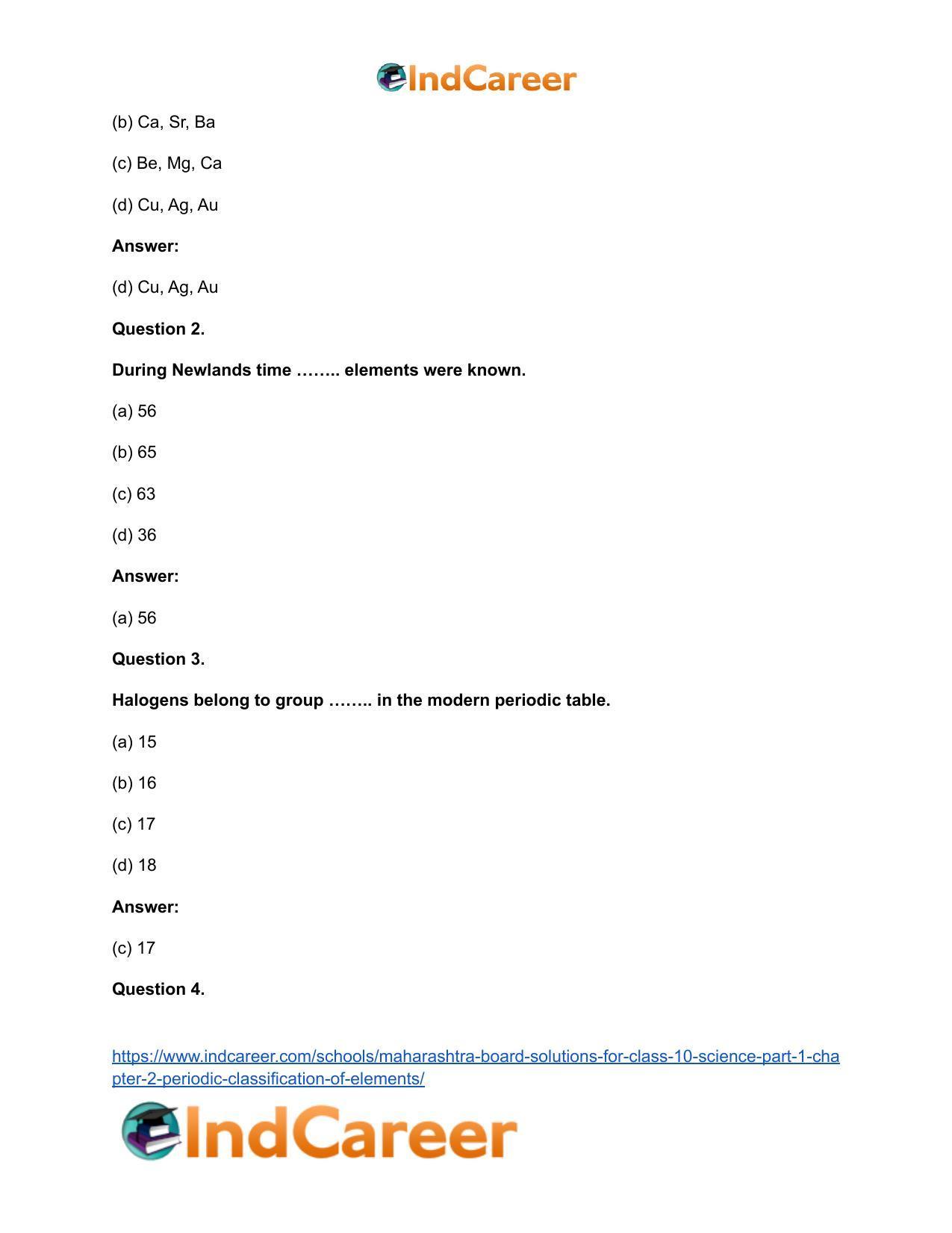 Maharashtra Board Solutions for Class 10- Science (Part 1): Chapter 2- Periodic Classification of Elements - Page 34