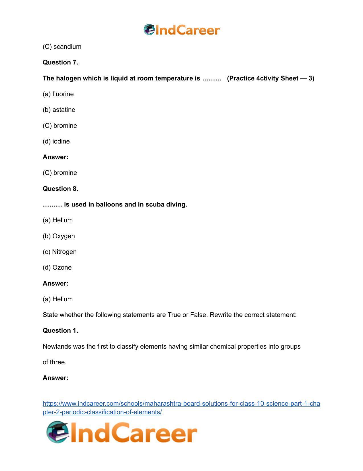 Maharashtra Board Solutions for Class 10- Science (Part 1): Chapter 2- Periodic Classification of Elements - Page 36