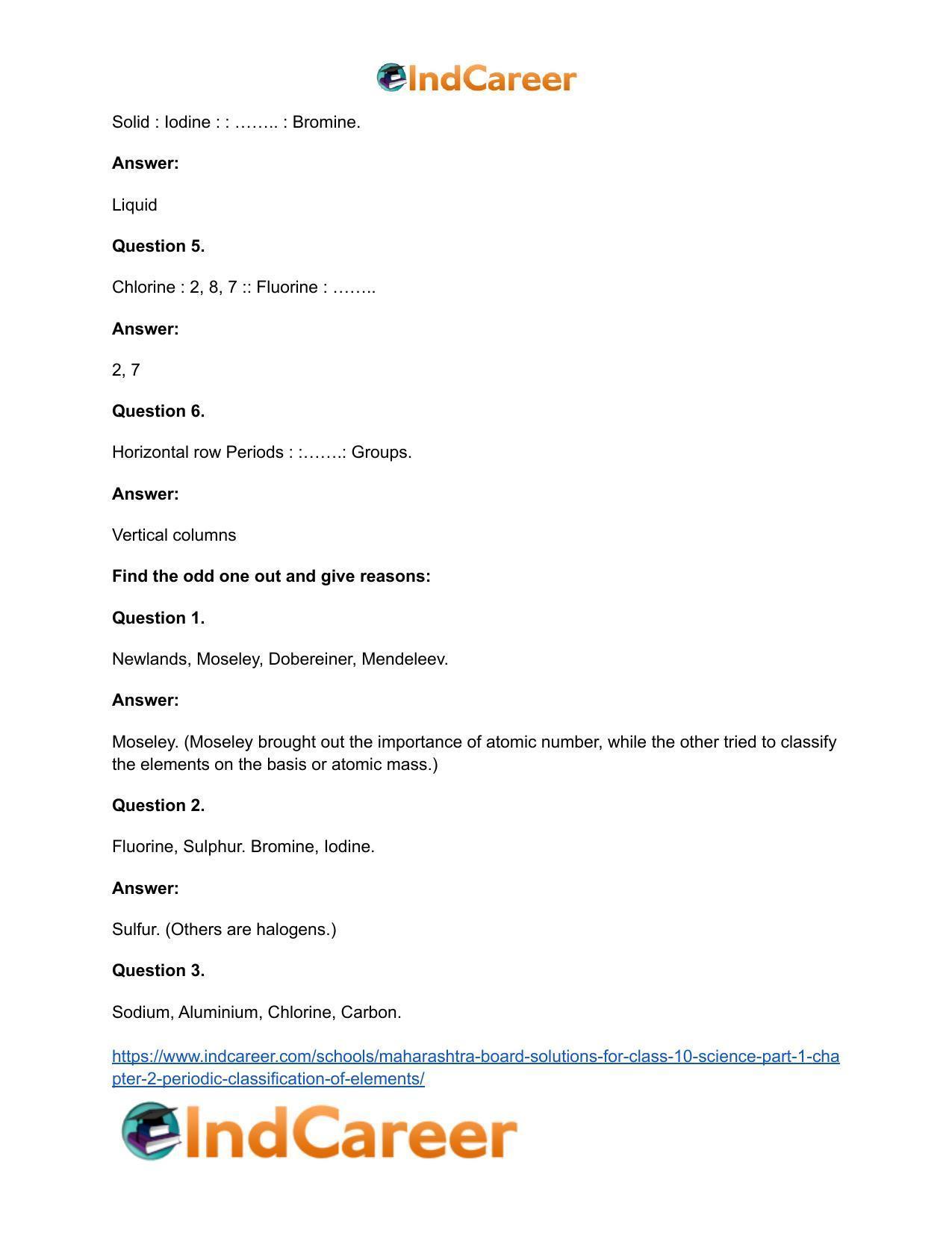 Maharashtra Board Solutions for Class 10- Science (Part 1): Chapter 2- Periodic Classification of Elements - Page 41