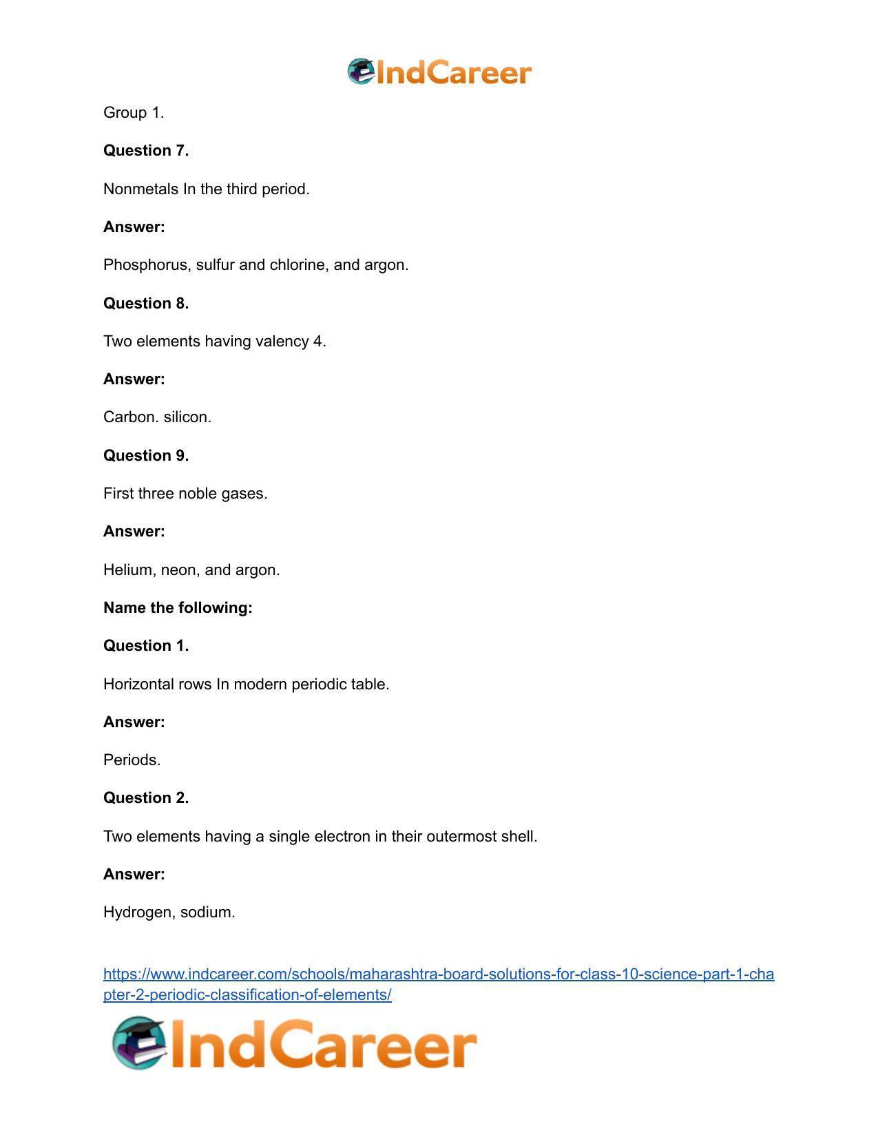 Maharashtra Board Solutions for Class 10- Science (Part 1): Chapter 2- Periodic Classification of Elements - Page 47