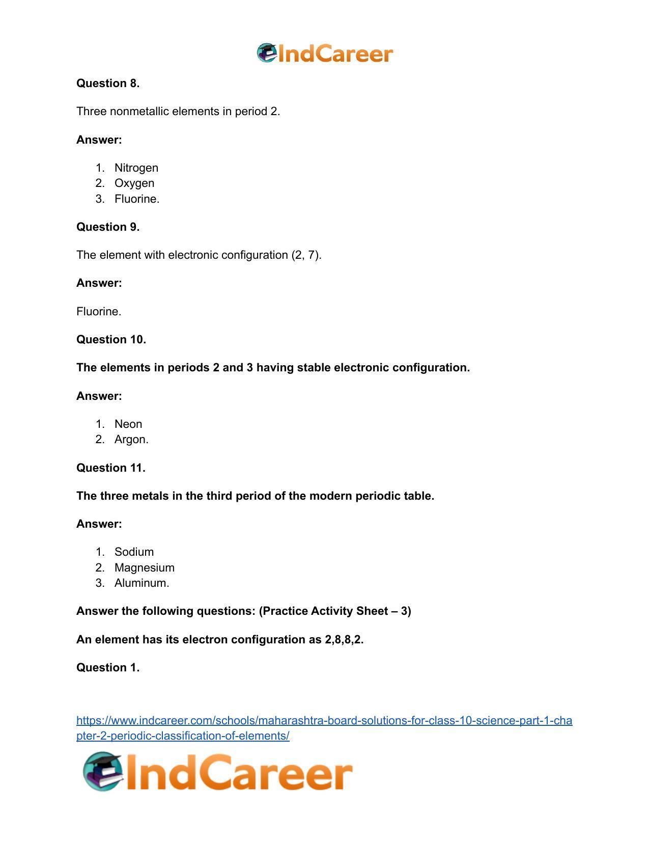 Maharashtra Board Solutions for Class 10- Science (Part 1): Chapter 2- Periodic Classification of Elements - Page 49
