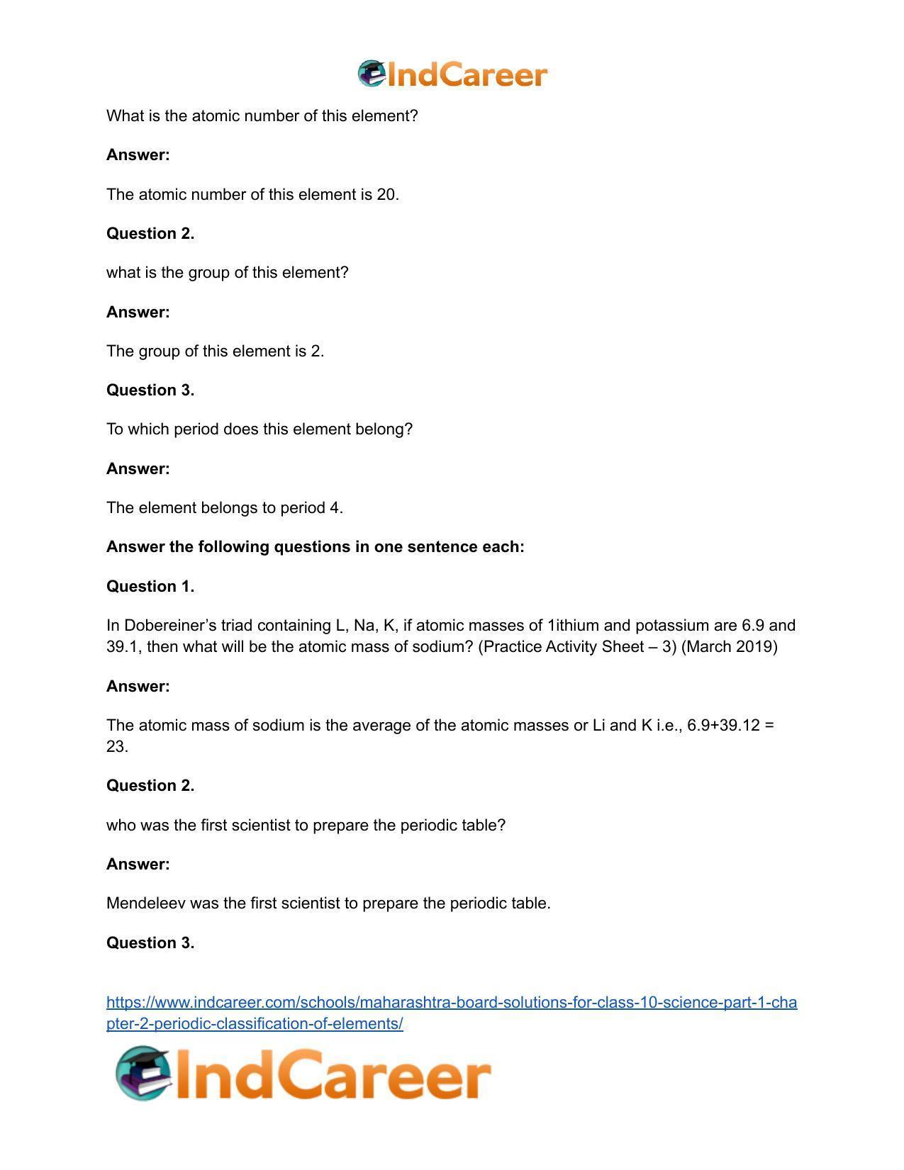 Maharashtra Board Solutions for Class 10- Science (Part 1): Chapter 2- Periodic Classification of Elements - Page 50