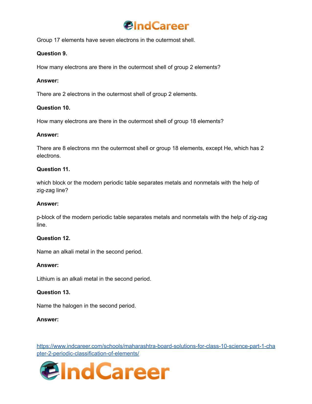 Maharashtra Board Solutions for Class 10- Science (Part 1): Chapter 2- Periodic Classification of Elements - Page 52