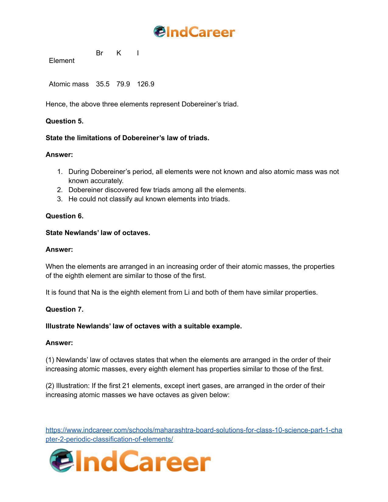 Maharashtra Board Solutions for Class 10- Science (Part 1): Chapter 2- Periodic Classification of Elements - Page 57