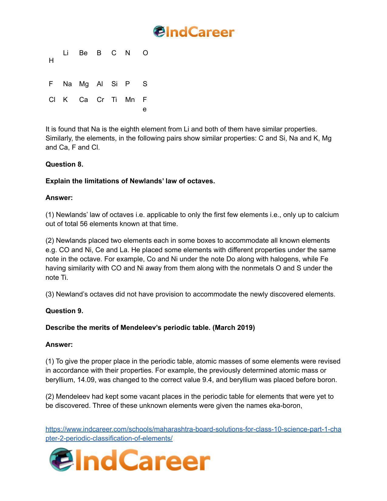 Maharashtra Board Solutions for Class 10- Science (Part 1): Chapter 2- Periodic Classification of Elements - Page 58