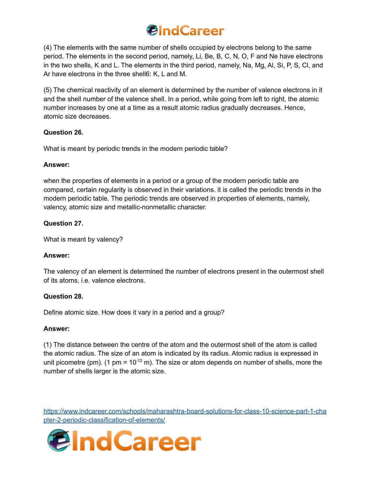 Maharashtra Board Solutions for Class 10- Science (Part 1): Chapter 2- Periodic Classification of Elements - Page 67